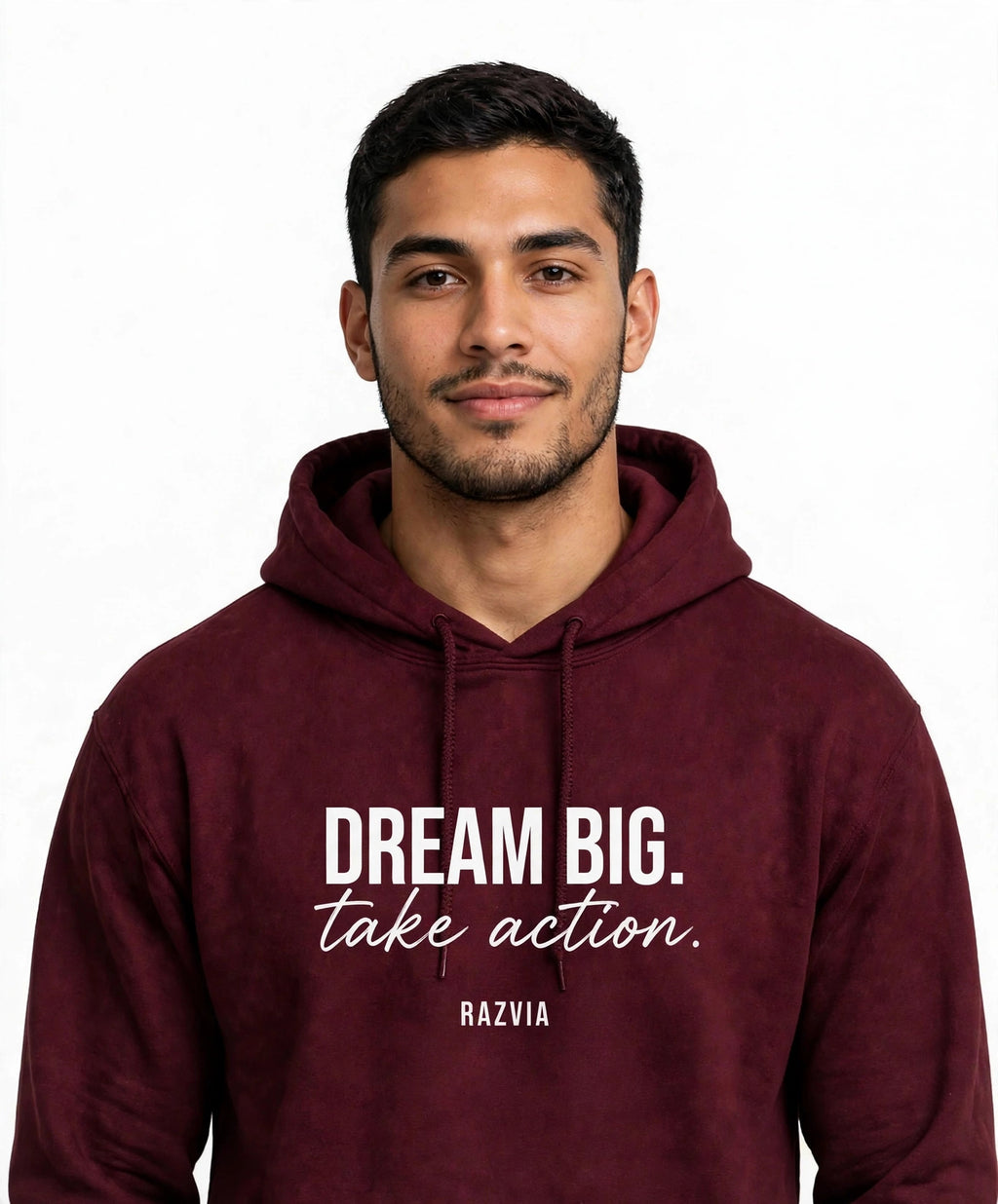 Dream Big Take Action Hoodie | Motivational Streetwear Hoodie for Men | Inspirational Quote Hoodie | Maroon Hoodie Gift for Him | Razvia